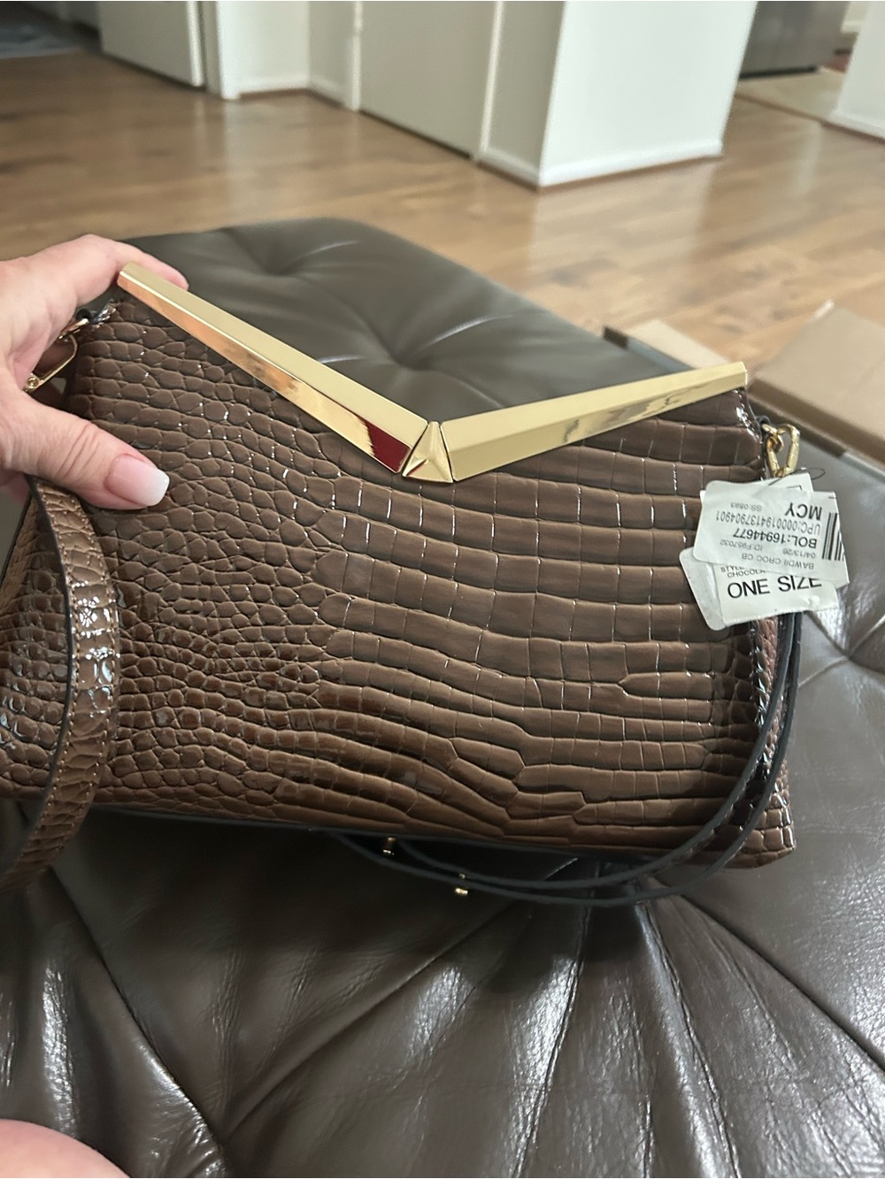 INC International Concepts Brown Croc-Embossed Shoulder Bag with Gold Frame